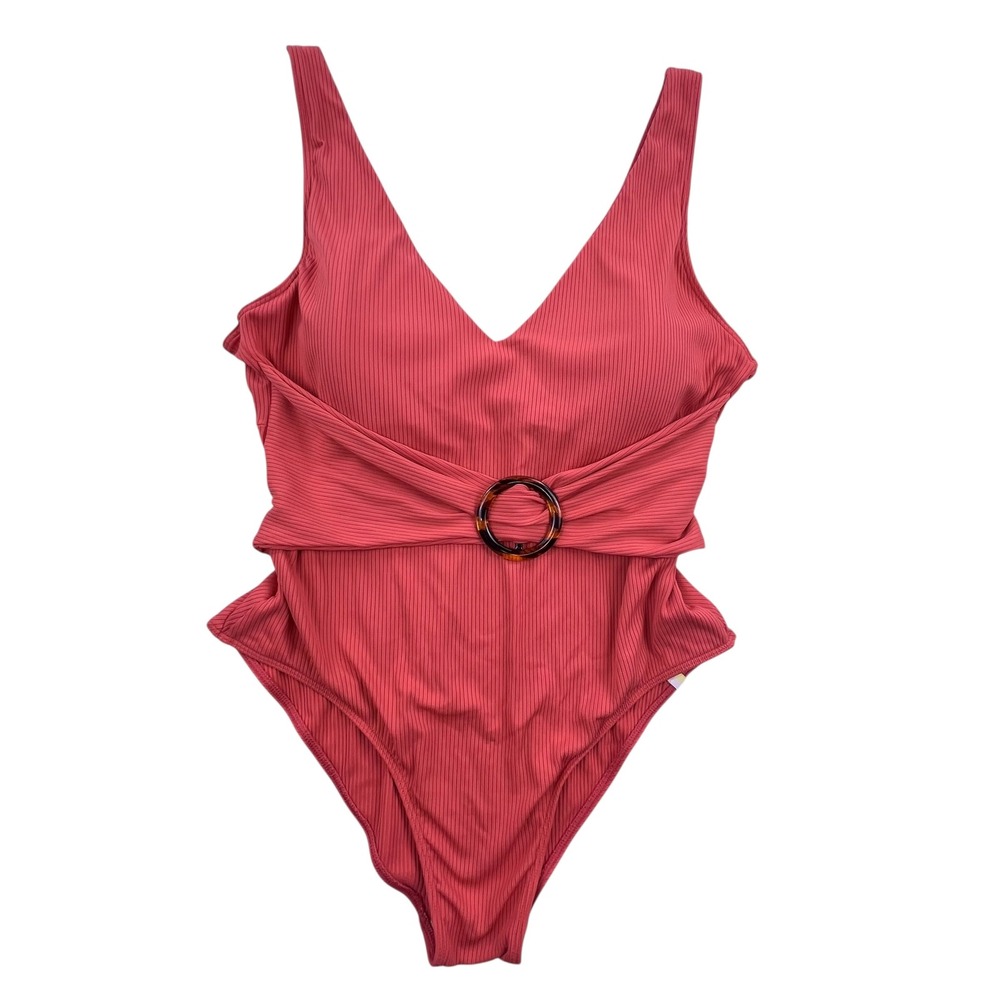 Summersalt Ribbed One Piece Swimsuit Coral Pink Tortoise Ring Belted Women 16